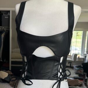 Maniere De Voir Black Faux Leather Cutout Crop Top